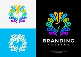 Colorful sprout dental logo design template. Fun water flower tooth logo brand. vector