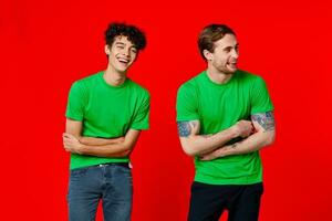 two man holding his neck emotions discontent red background photo