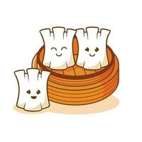 Dim sum Dumpling cute cartoon character with various smile expression face in top of bamboo container  vector flat art Illustration free editable