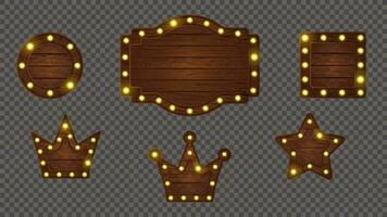 Crown casino wooden retro sign board with bulb light banner. Vector theater star frame with wood texture ui button. Vegas neon badge signboard icon set. Solid mobile gambling menu plate asset.