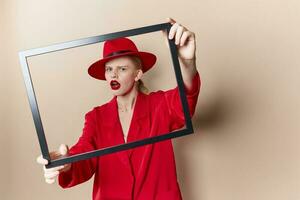 fashionable woman red lips fashion jacket frame studio model unaltered photo