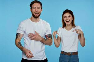 man or woman wearing white t-shirts fun fashion friendship photo