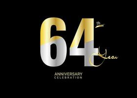 64 Years Anniversary Celebration gold and silver Vector Template, 64 number logo design, 64th Birthday Logo,  logotype Anniversary, Vector Anniversary For Celebration, poster, Invitation Card