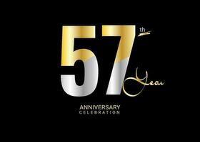 57 Years Anniversary Celebration gold and silver Vector Template, 57 number logo design, 57th Birthday Logo,  logotype Anniversary, Vector Anniversary For Celebration, poster, Invitation Card