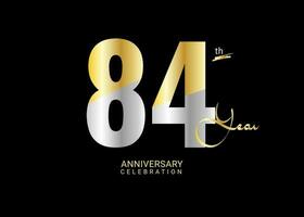 84 Years Anniversary Celebration gold and silver Vector Template, 84 number logo design, 84th Birthday Logo,  logotype Anniversary, Vector Anniversary For Celebration, poster, Invitation Card