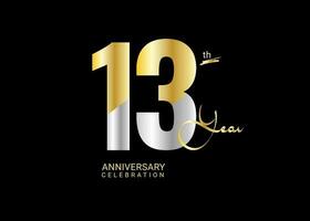 13 Years Anniversary Celebration gold and silver Vector Template, 13 number logo design, 13th Birthday Logo,  logotype Anniversary, Vector Anniversary For Celebration, poster, Invitation Card