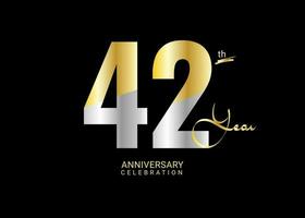 42 Years Anniversary Celebration gold and silver Vector Template, 42 number logo design, 42th Birthday Logo,  logotype Anniversary, Vector Anniversary For Celebration, poster, Invitation Card