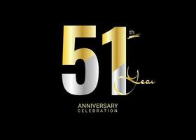 51 Years Anniversary Celebration gold and silver Vector Template, 51 number logo design, 51th Birthday Logo,  logotype Anniversary, Vector Anniversary For Celebration, poster, Invitation Card