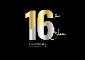 16 Years Anniversary Celebration gold and silver Vector Template, 16 number logo design, 16th Birthday Logo,  logotype Anniversary, Vector Anniversary For Celebration, poster, Invitation Card