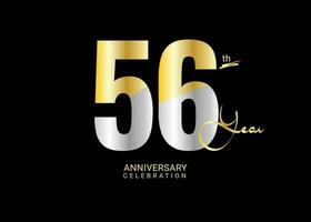56 Years Anniversary Celebration gold and silver Vector Template, 56 number logo design, 56th Birthday Logo,  logotype Anniversary, Vector Anniversary For Celebration, poster, Invitation Card