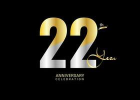 22 Years Anniversary Celebration gold and silver Vector Template, 22 number logo design, 22th Birthday Logo,  logotype Anniversary, Vector Anniversary For Celebration, poster, Invitation Card