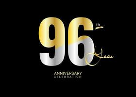 96 Years Anniversary Celebration gold and silver Vector Template, 96 number logo design, 96th Birthday Logo,  logotype Anniversary, Vector Anniversary For Celebration, poster, Invitation Card