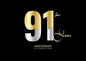 91 años aniversario celebracion oro y plata vector plantilla, 91 número logo diseño, 91 cumpleaños logo, logotipo aniversario, vector aniversario para celebracion, póster, invitación tarjeta