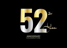 52 Years Anniversary Celebration gold and silver Vector Template, 52 number logo design, 52th Birthday Logo,  logotype Anniversary, Vector Anniversary For Celebration, poster, Invitation Card