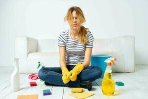 Woman house cleaning cleaning floors mopping supplies interior photo