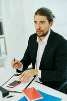 businessmen work emotions in front of laptop communication Lifestyle photo