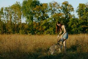 un mujer obras de teatro y bailes con un fornido raza perro en naturaleza en otoño en un césped campo, formación y formación un joven perro foto