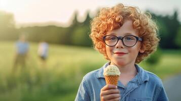 Curly hair boy with ice cream. Illustration photo