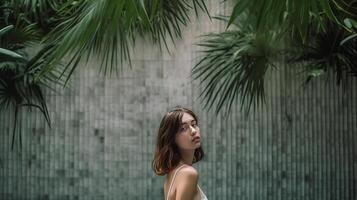 Woman leaning on a gray concrete wall. Illustration photo