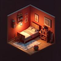 pequeño dormitorio isométrico ilustración ai generativo foto