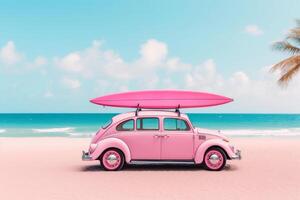 Pink car with surfboard. Illustration photo