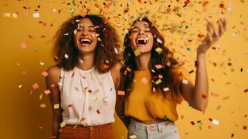 Happy girls with confetti. Illustration photo