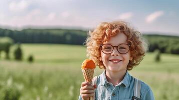 Curly hair boy with ice cream. Illustration photo