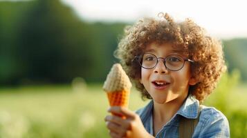 Curly hair boy with ice cream. Illustration photo