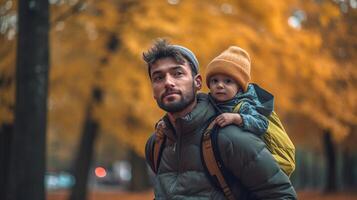 contento papá con hijo. otoño. ilustración ai generativo foto