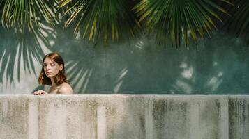 Woman leaning on a gray concrete wall. Illustration photo