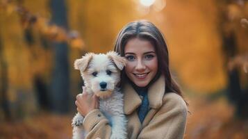 otoño niña con perro. ilustración ai generativo foto
