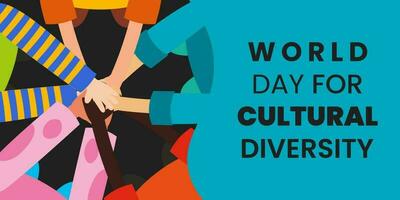 mundo día para cultural diversidad letras con manos de personas de diferente piel color vector