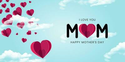 Mother postcard with paper flying elements, mom and realistic clouds on blue sky background. Vector symbols of love in shape of heart for Happy Mother's Day greeting card design