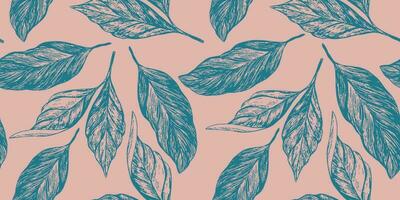 Vintage floral pattern with leaves. Hand drawn tree leaf on a pink background vector