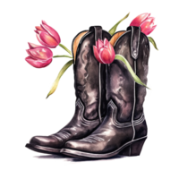 Watercolor cowboy boots with flowers. Illustration png