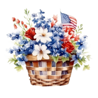 USA Flagge und Blumen im Korb. Aquarell. Illustration ai generativ png