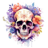 Watercolor skull with flowers. Illustration png