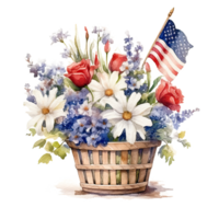USA flag and flowers in basket. watercolor. Illustration png