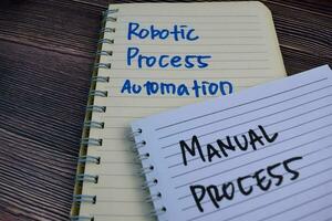 robótico proceso automatización y manual proceso escribir en un libro aislado en el mesa. foto