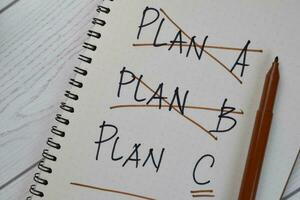 Plan A. Plan B. Plan C write on a book isolated on Wooden Table. photo