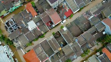 Aerial POV view Depiction of flooding. devastation wrought after massive natural disasters. photo