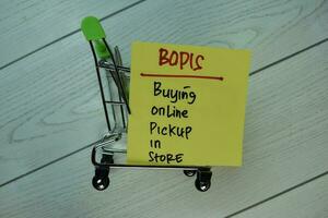 BOPIS - Buying Online Pickup In Store write on sticky notes isolated on Wooden Table. photo