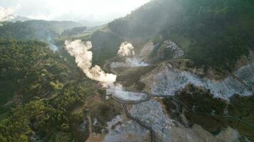 Aerial view of Sikidang Crater at Dieng Plateau, an Active Volcano Crater. Wonosobo, Indonesia photo