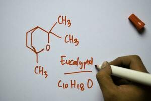 Eucalyptol  molecule written on the white board. Structural chemical formula. Education concept photo