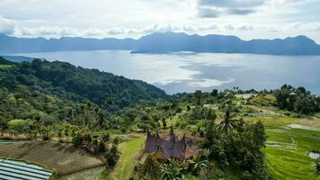 Aerial view of panorama of Maninjau Lake West Sumatra, Danau maninjau. sumatra, Indonesia, January 24, 2023 photo