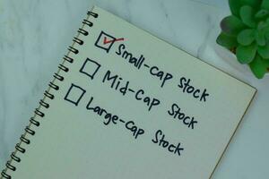 Concept of Small-Cap Stock write on a book isolated on Wooden Table. photo