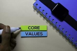 Core Values text on sticky notes isolated on office desk photo