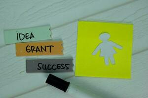 Idea, Grant, and Success write on sticky notes isolated on office desk. photo