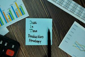 Just in Time Production Strategy write on sticky note isolated on Wooden Table. Business concept photo