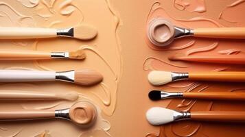 Smears and drops of various cosmetic products and pipettes on beige background Illustration photo